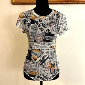 White Black Color Butterfly Newspaper Print Bodysuit by Rue 21, Sz. XS.